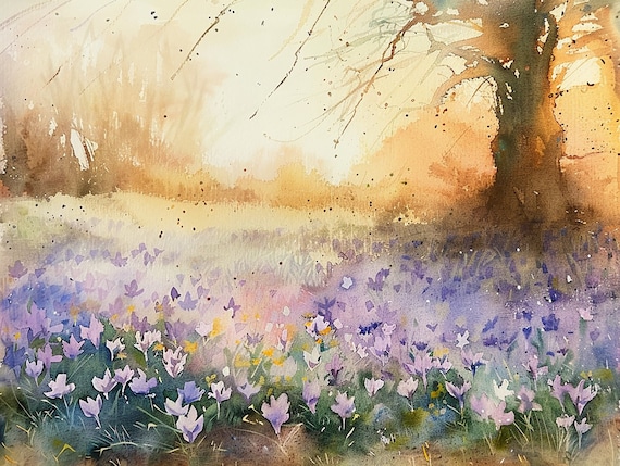 Spring Crocus Field Purple Bloom Watercolor Floral Meadow Poster