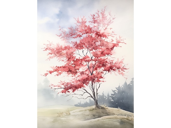 Pink Blossom Tree Lone Hill Misty Bloom Watercolor Spring Poster