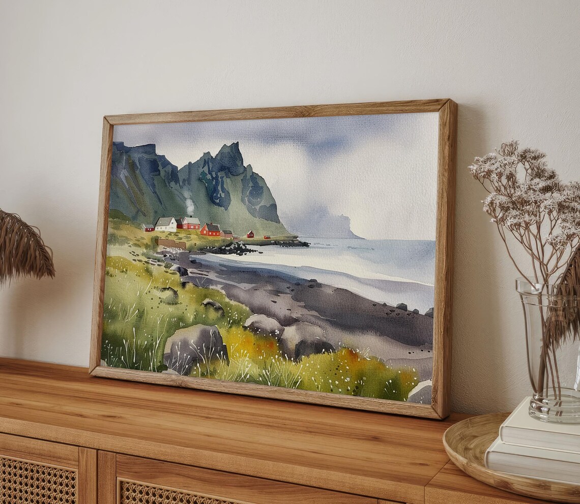 Town of Vik Watercolor Art Print, Iceland Travel Poster - Image 5