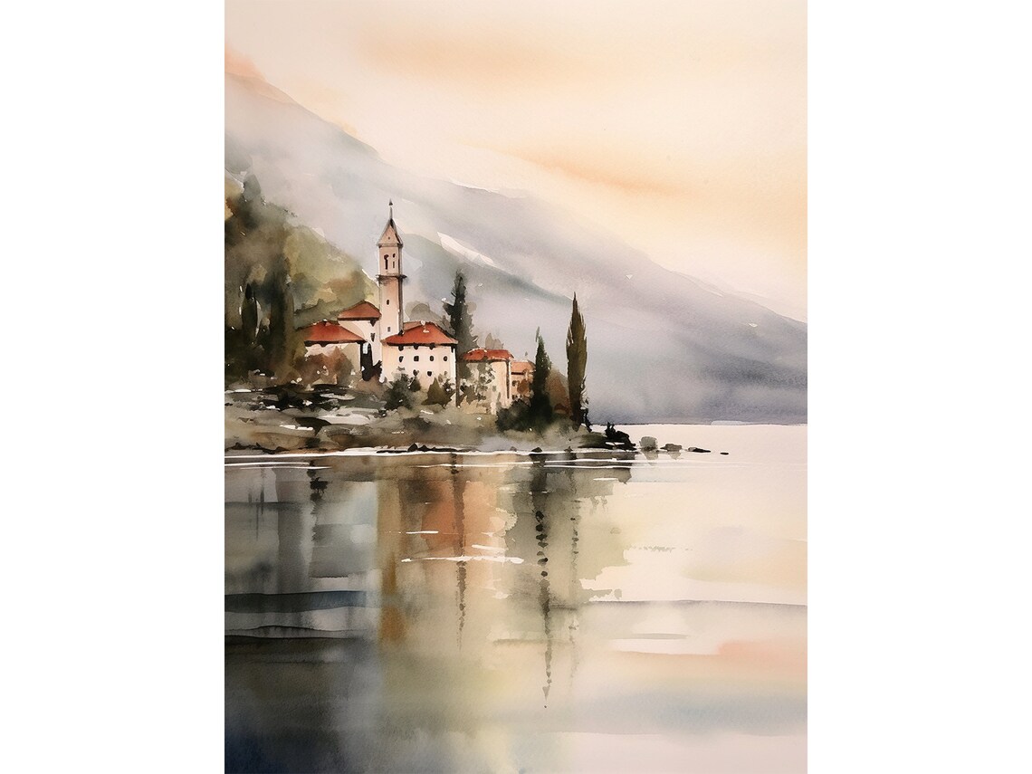 Lake Como Watercolor Bellagio Art Print, Italy