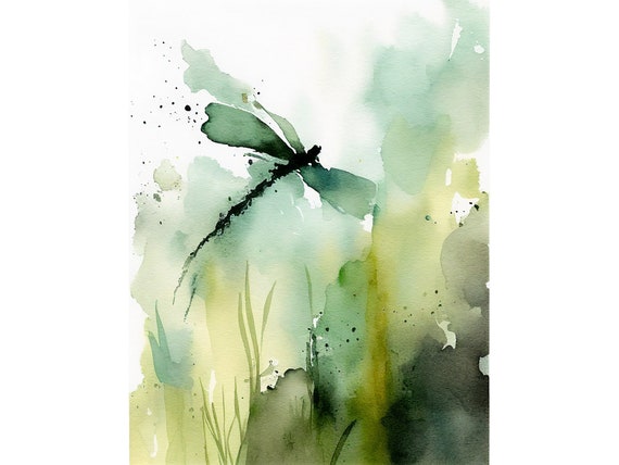 Dragonfly Watercolor Meadow Painting, Botanical Art Print