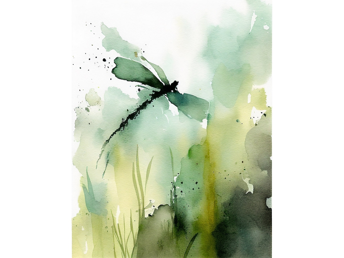 Dragonfly Watercolor Meadow Painting, Botanical Art Print