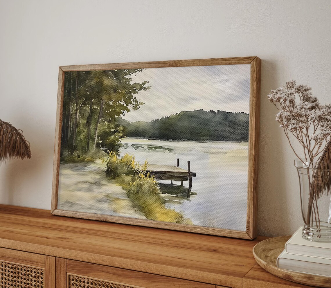 Still Forest Lake Wooden Dock Golden Morning Shore Watercolor Poster - Image 4