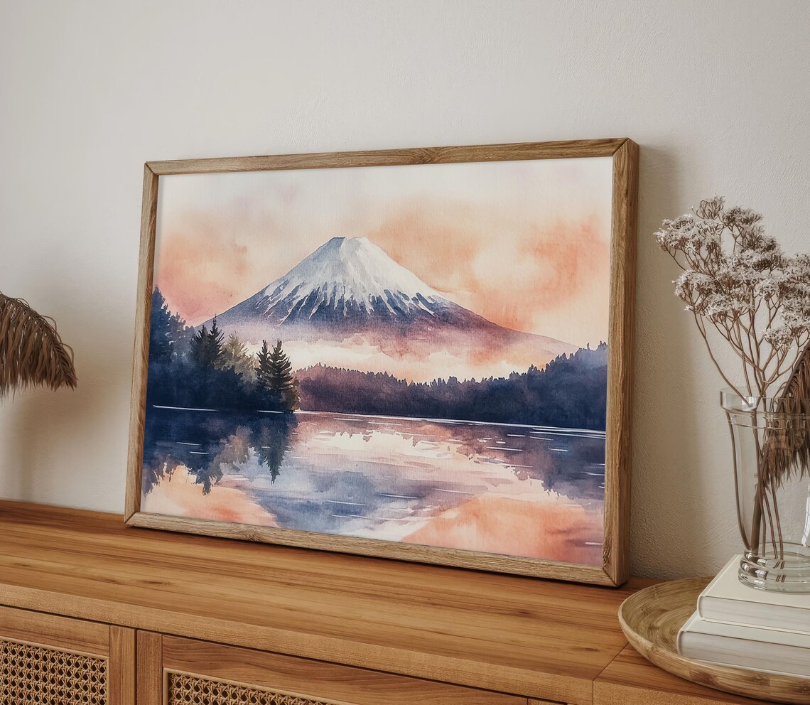 Mount Fuji Watercolor Art Print, Japan Sunrise - Image 4