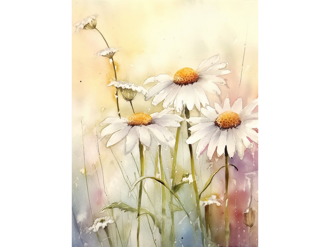 Daisy Watercolor Floral Art Print, Meadow Landscape