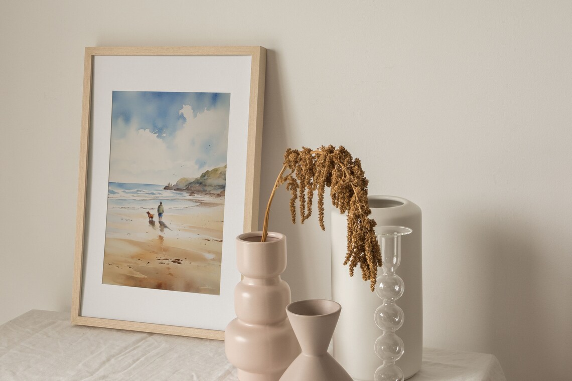Cornwall Beach Walk Watercolor Art Print, Seascape - Image 4