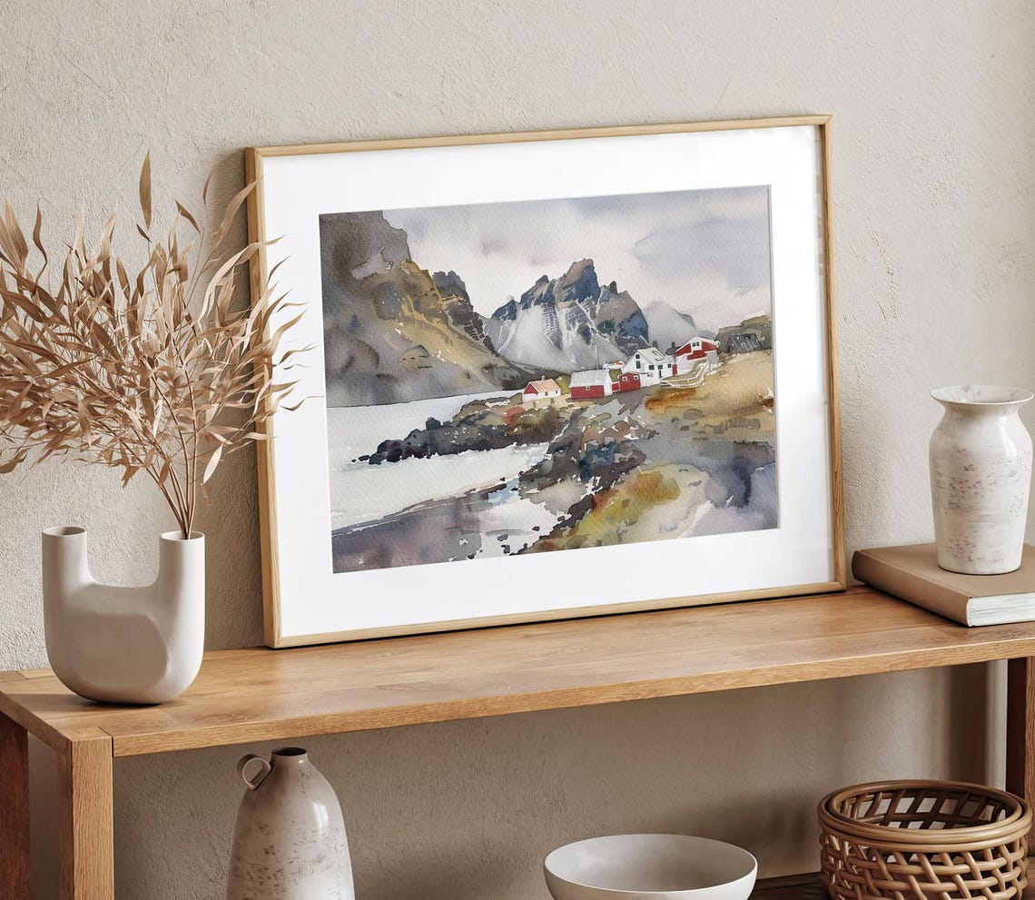 Iceland Painting South Shore Watercolor Art Print Town Of Vik Painting Wall Art Landscape Print Mountain Art Travel Poster Coastline Art - Image 4