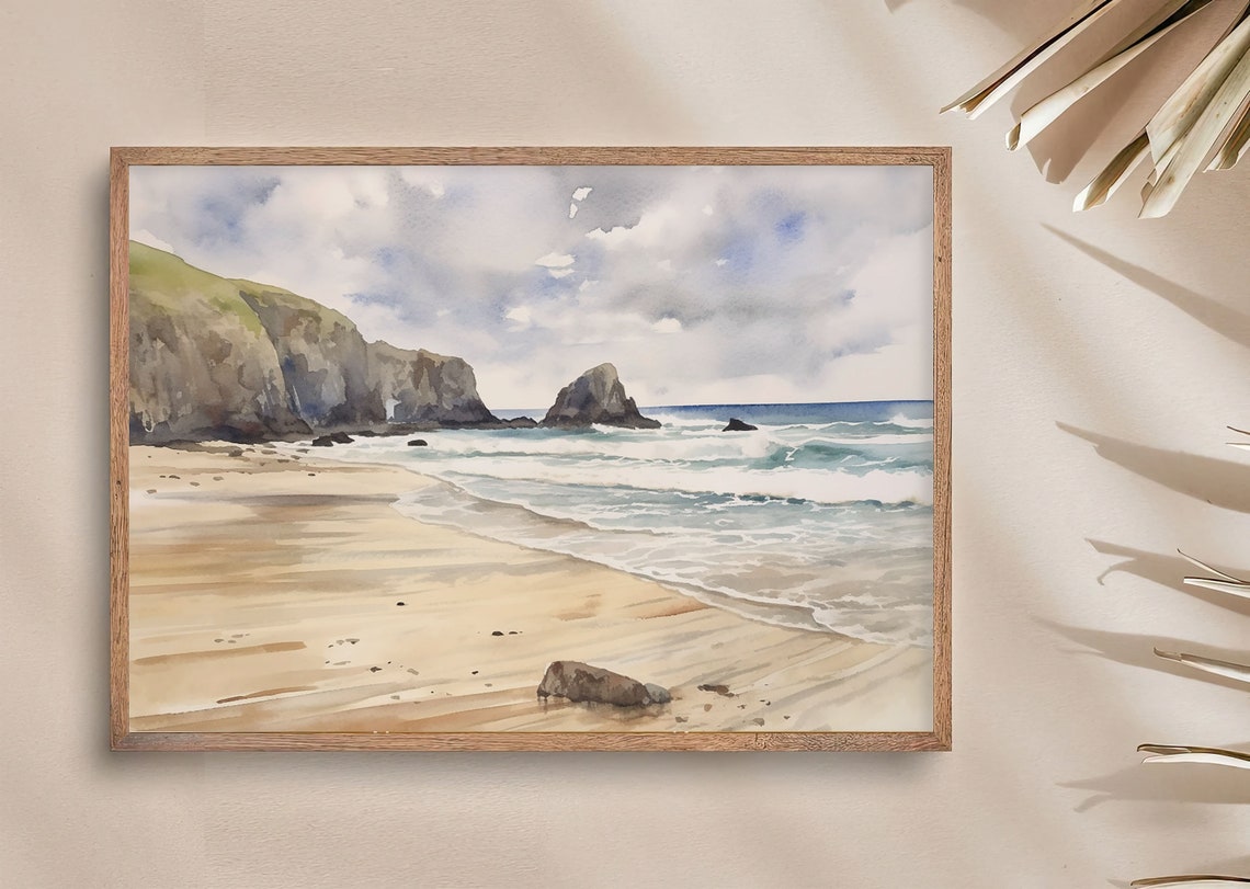 Rugged Cliff Beach with Sea Stack and Rolling Waves Watercolor Poster - Image 2