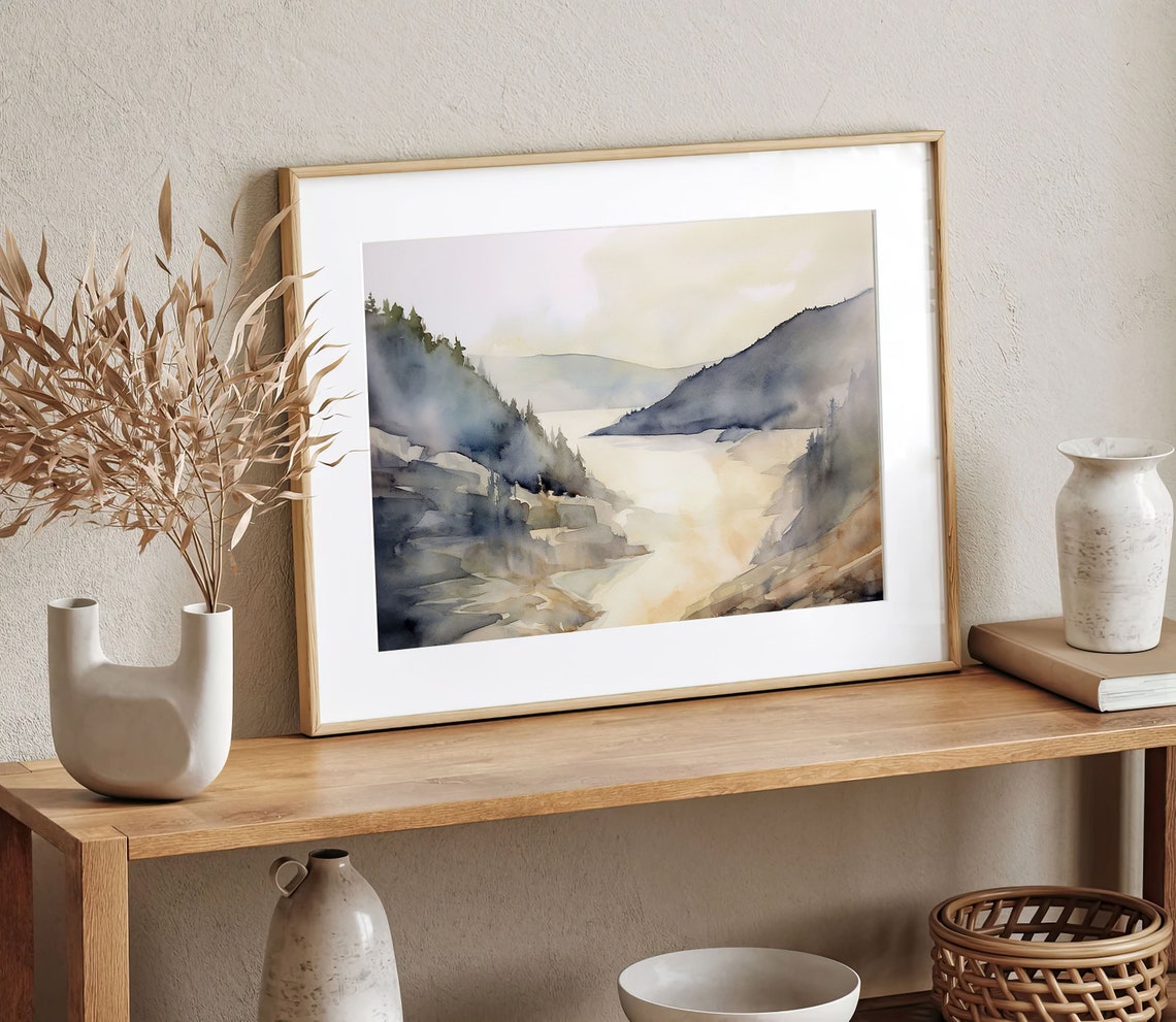Golden River Valley Flowing Between Soft Misty Hills Watercolor Poster - Image 5
