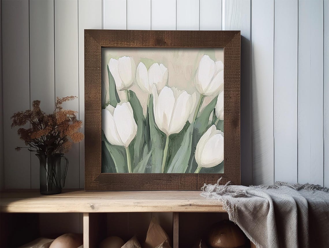White Tulips Spring Garden Bloom Painterly Floral Still Life Poster - Image 2
