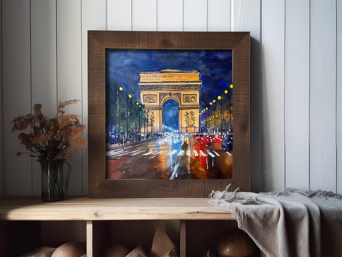 Paris Arc de Triomphe Night Lights Watercolor Landmark Poster - Image 2
