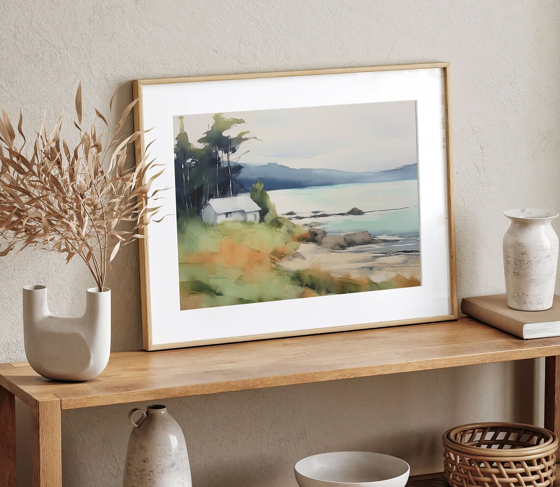 Still Forest Lake Wooden Dock Golden Morning Shore Watercolor Poster - Image 4