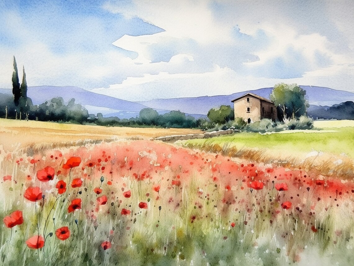 Tuscany Poppy Field Watercolor Art Print, Italy