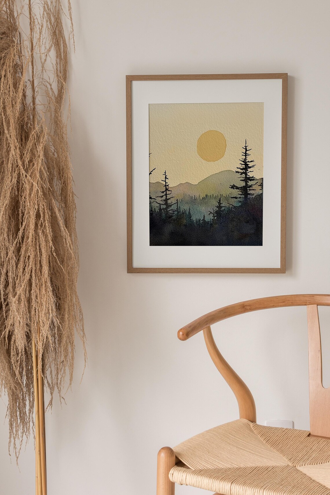 Golden Sun Over Misty Pine Mountains Silhouette Watercolor Dusk Poster - Image 2