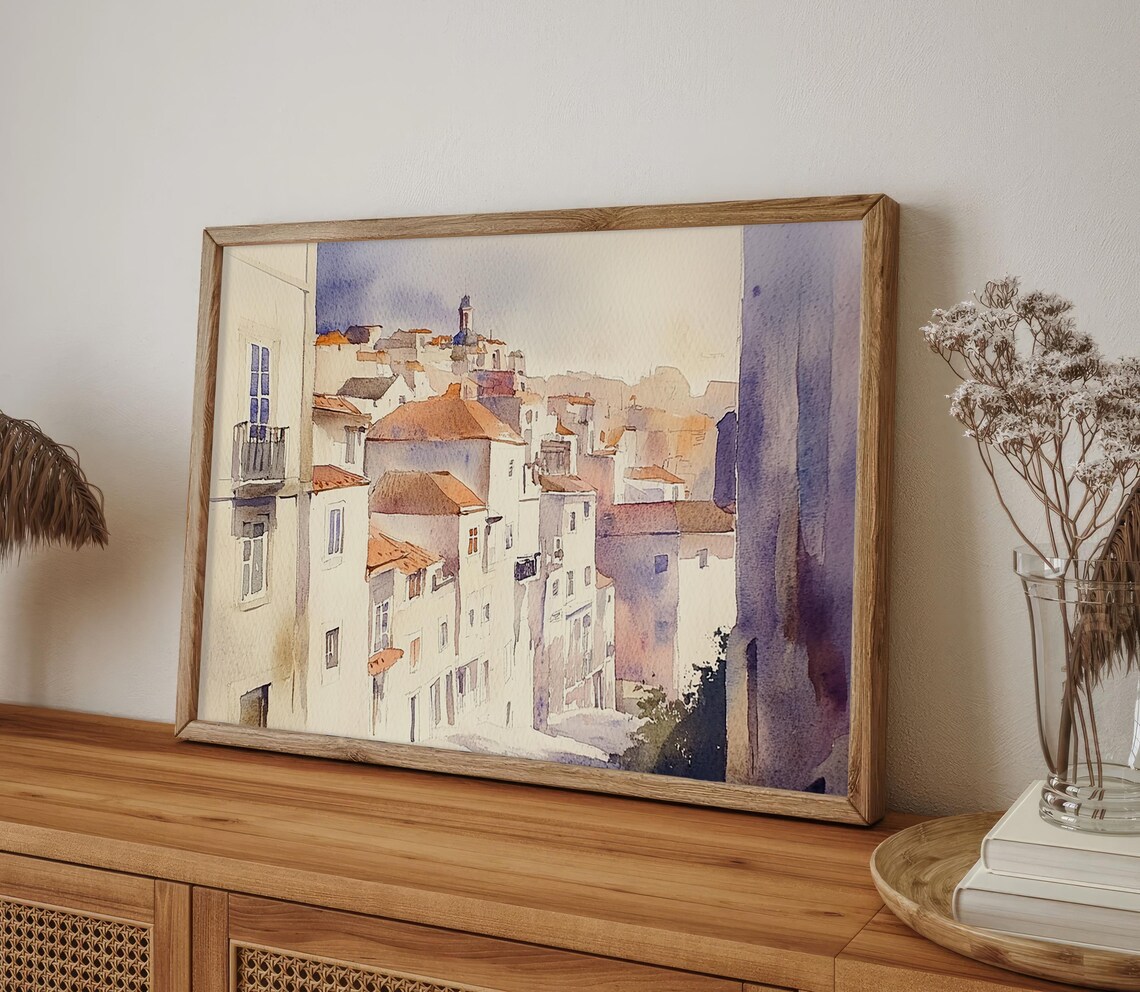 Lisbon Portugal Old Town Street Watercolor Cityscape Scene Poster - Image 4