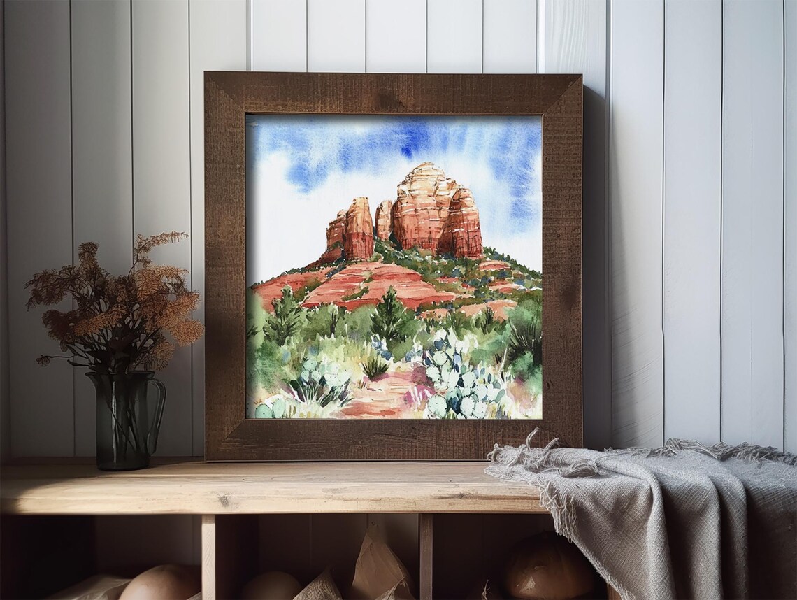 Towering Red Rock Formation in an Arizona Desert Watercolor Poster - Image 2