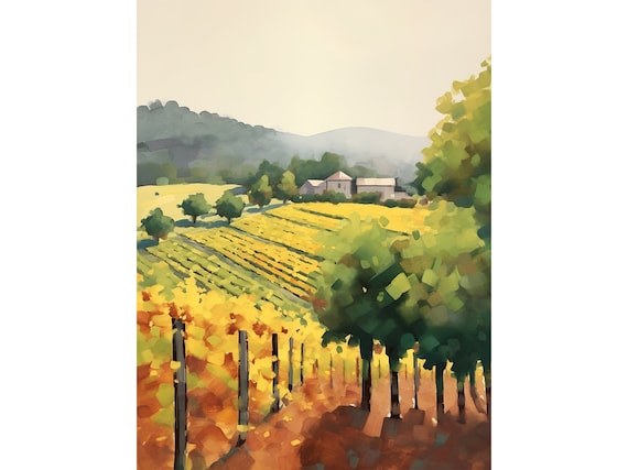 Napa Valley Painting Vineyard Watercolor Art Print Warm California Landscape Wall Art Farmhouse Poster