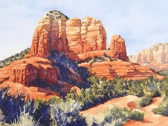 Coffee Pot Rock Painting Sedona Arizona Watercolor Art Print Desert Landscape Wall Art Red Rock State Park Artwork