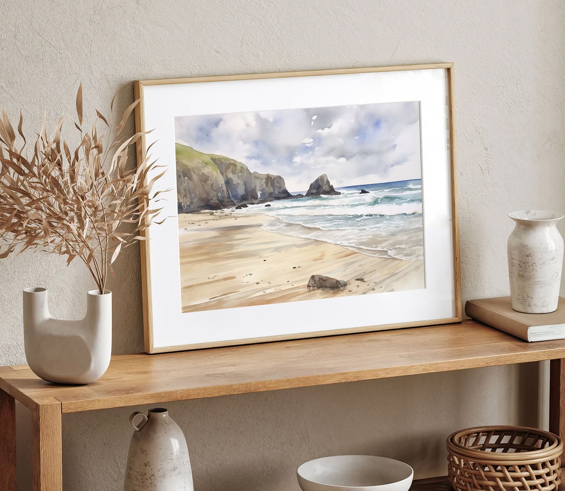 Rugged Cliff Beach with Sea Stack and Rolling Waves Watercolor Poster - Image 5