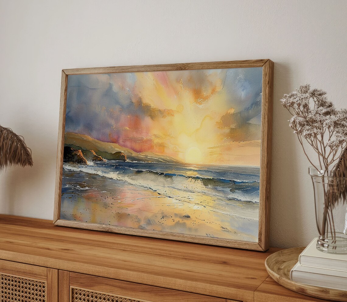 Sunset On Beach Watercolor Art Print, Seascape - Image 5