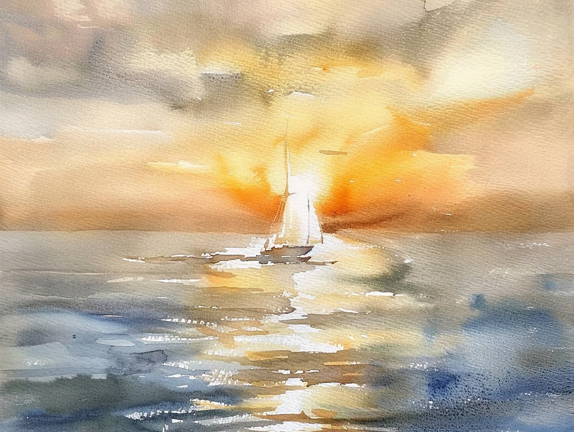 Lone Sailboat Sailing into a Golden Ocean Sunset Watercolor Poster