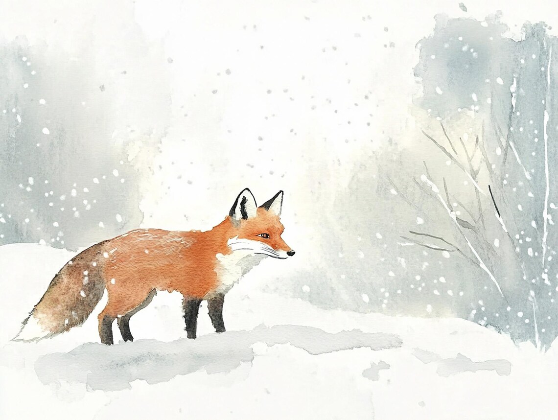 Fox Painting Snowy Forest Watercolor Art Print