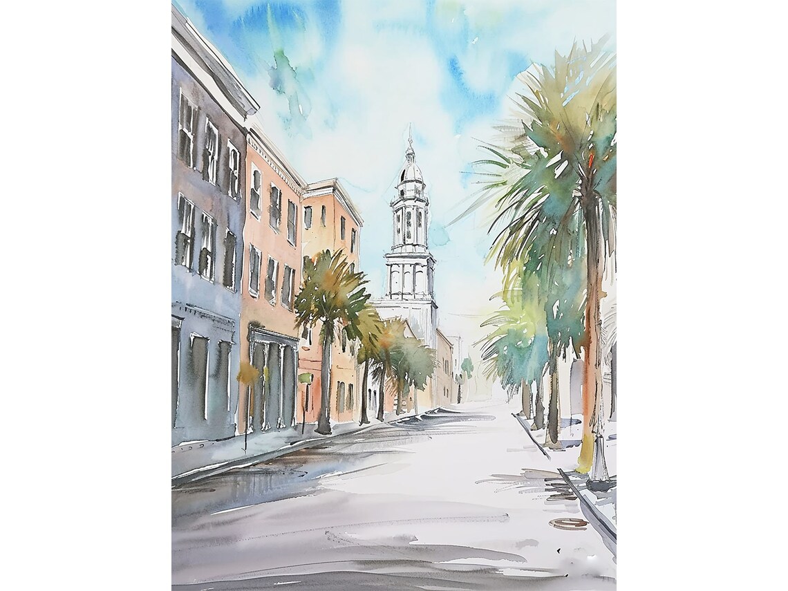Charleston Broad Street Watercolor Art Print, South Carolina