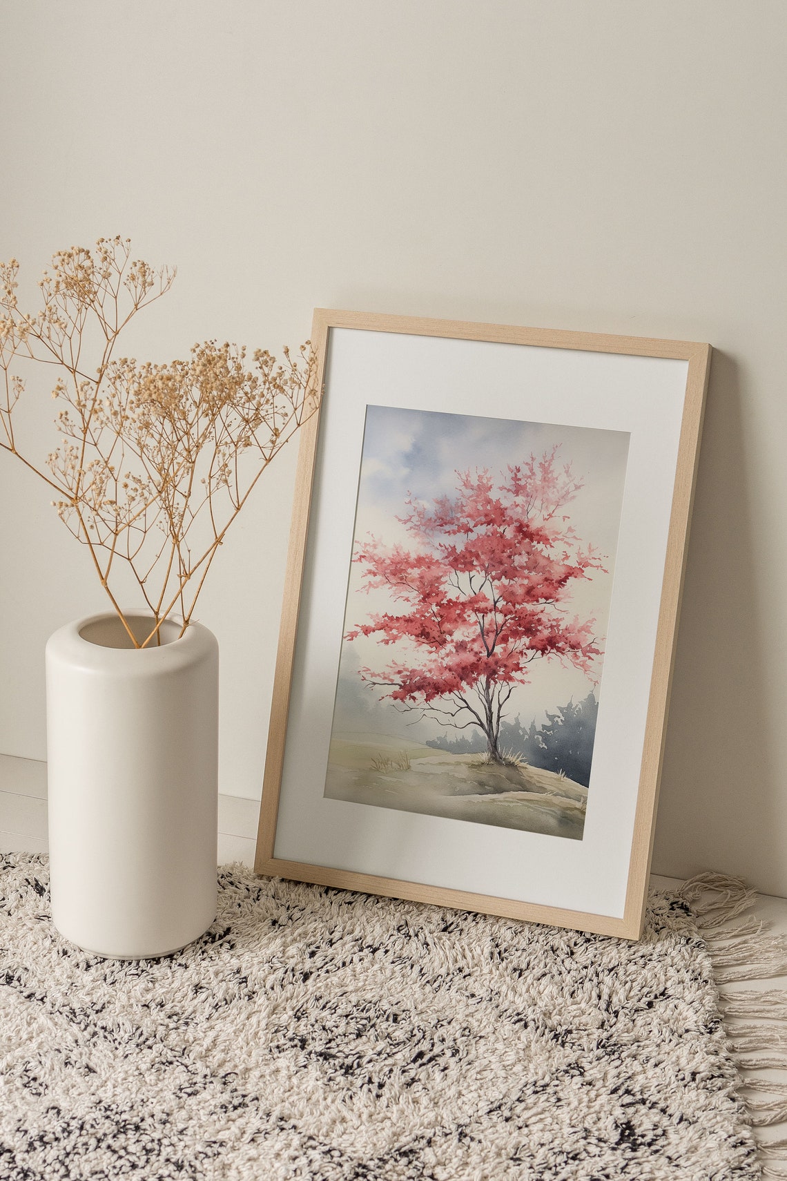 Pink Blossom Tree Lone Hill Misty Bloom Watercolor Spring Poster - Image 4