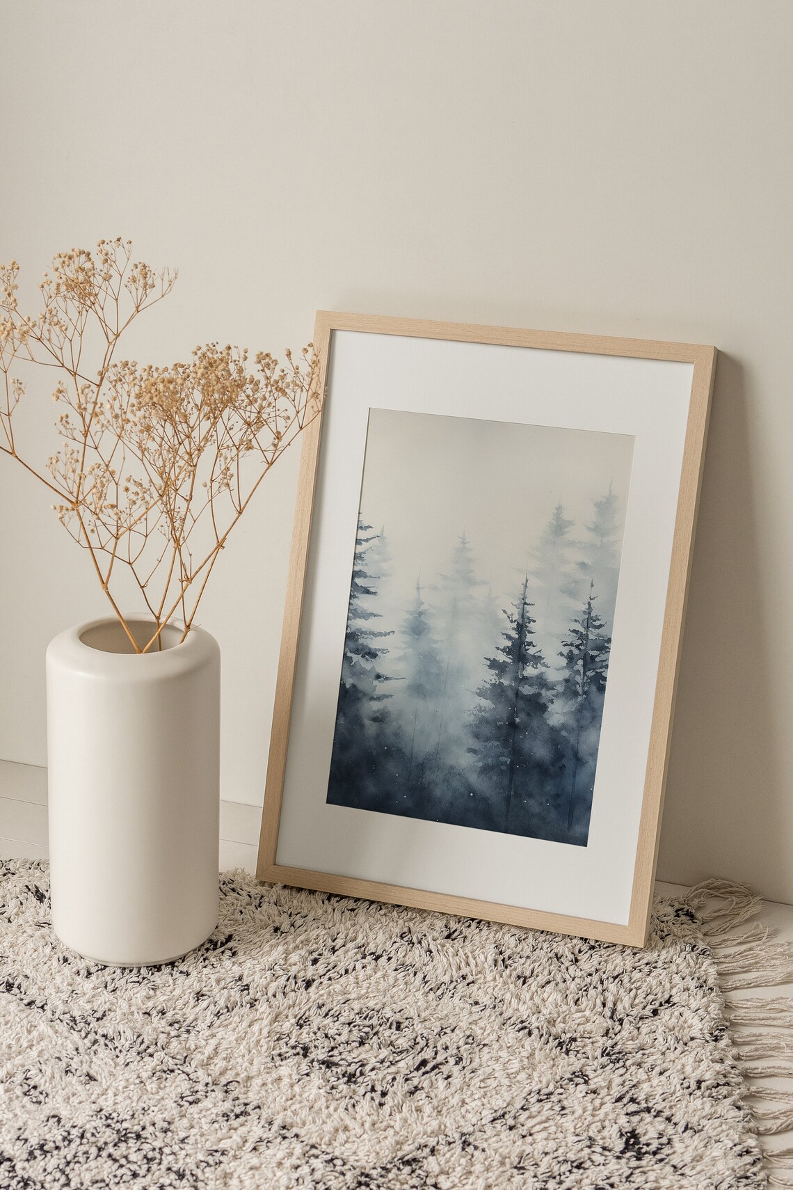 Misty Pine Trees in Blue Fog Tall Evergreens Watercolor Forest Poster - Image 4