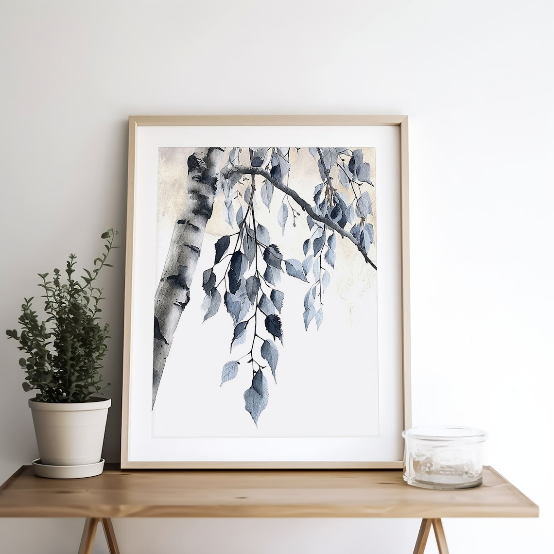 Birch Tree Blue Gray Leaves Minimalist Watercolor Nature Poster - Image 4