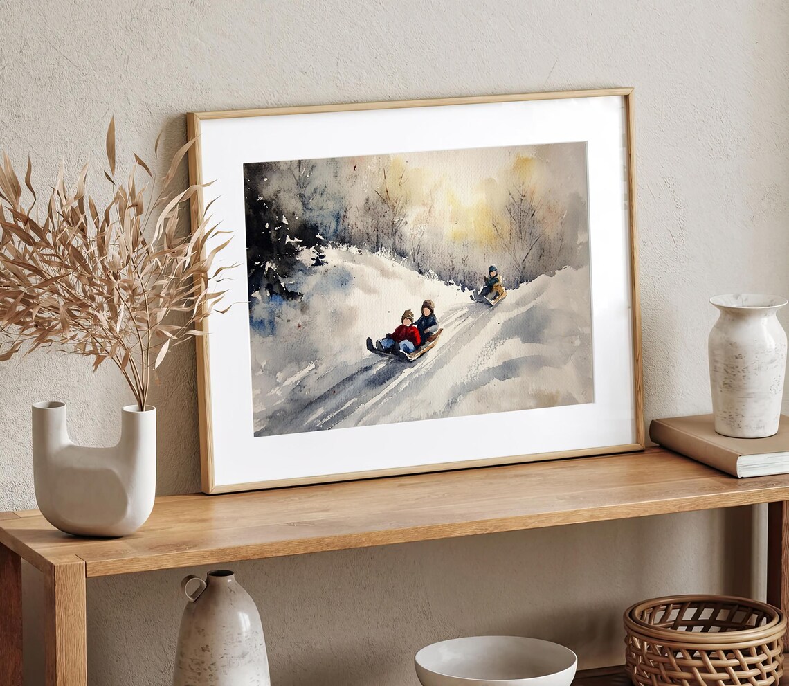Christmas Children Sledding Winter Forest Watercolor Art Print - Image 2