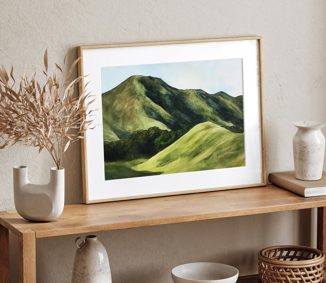 Rolling Green Hills in Soft Golden Morning Light Watercolor Poster - Image 2