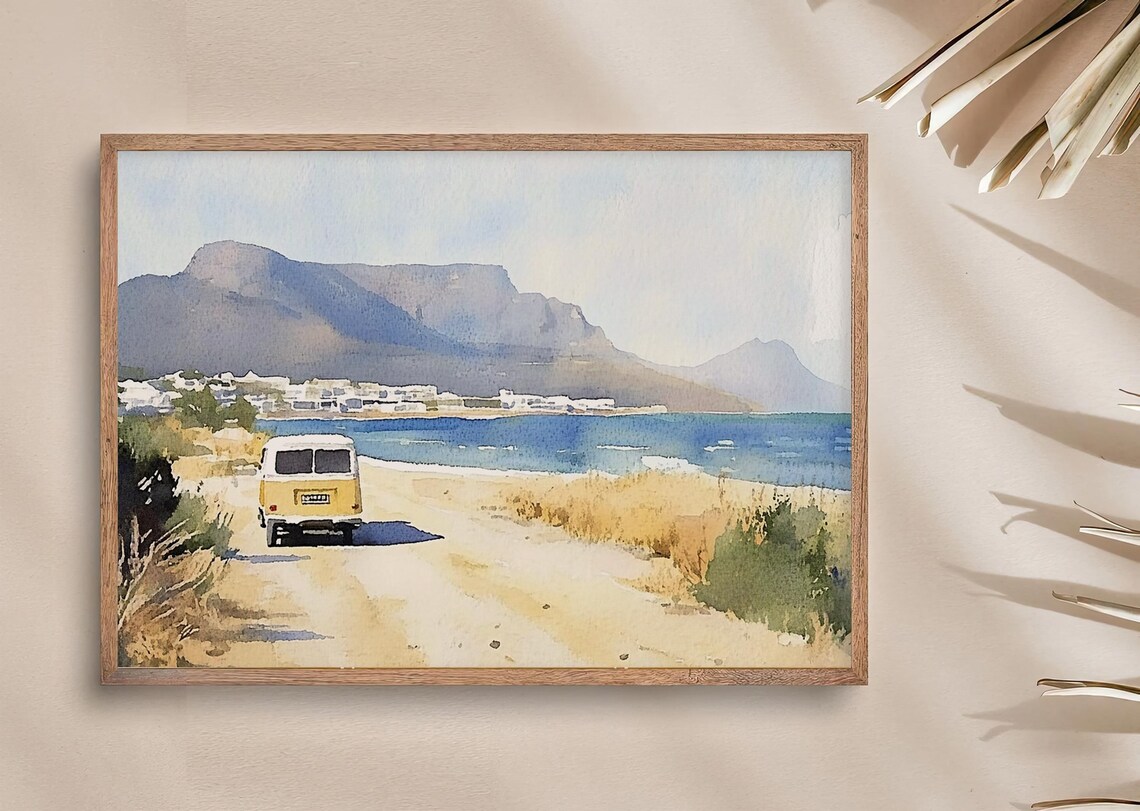 Cape Town Beach Table Mountain Kombi Van Watercolor Travel Poster - Image 3