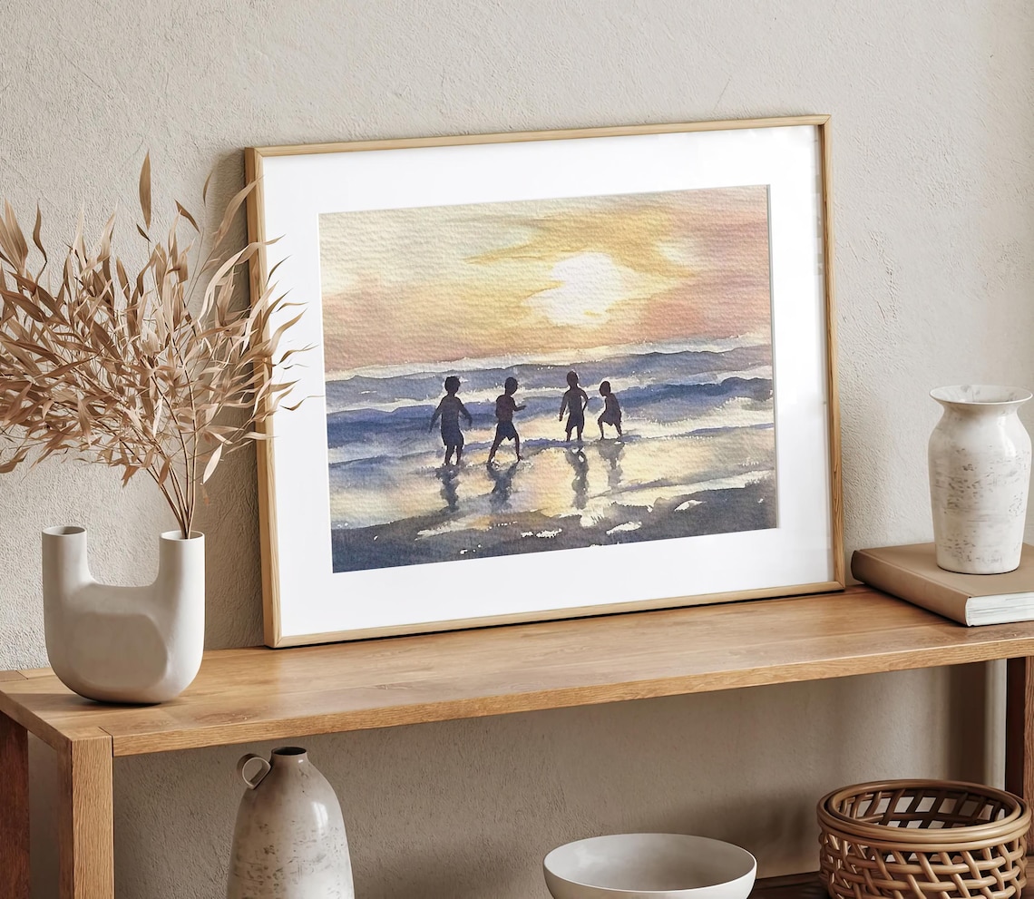 Kids Playing On Beach Watercolor Art Print - Image 3