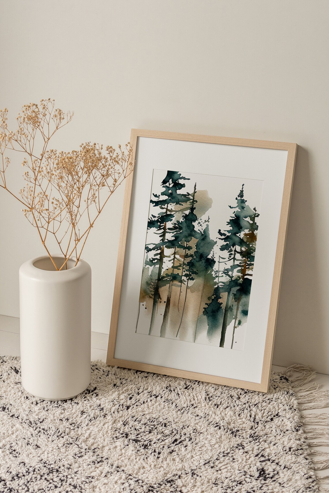 Pine Trees Watercolor Art Print, Misty Forest Landscape - Image 4