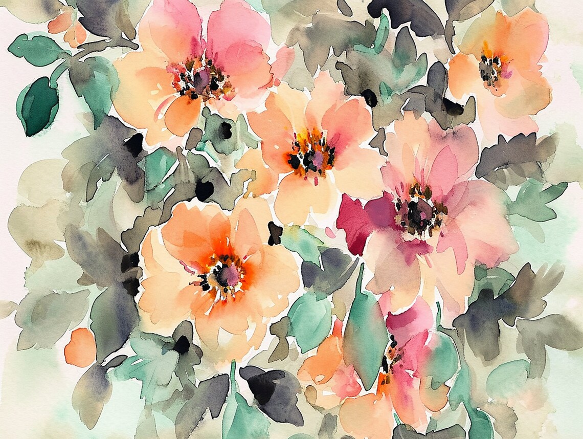 Peach Anemone Flowers Loose Floral Watercolor Botanical Poster