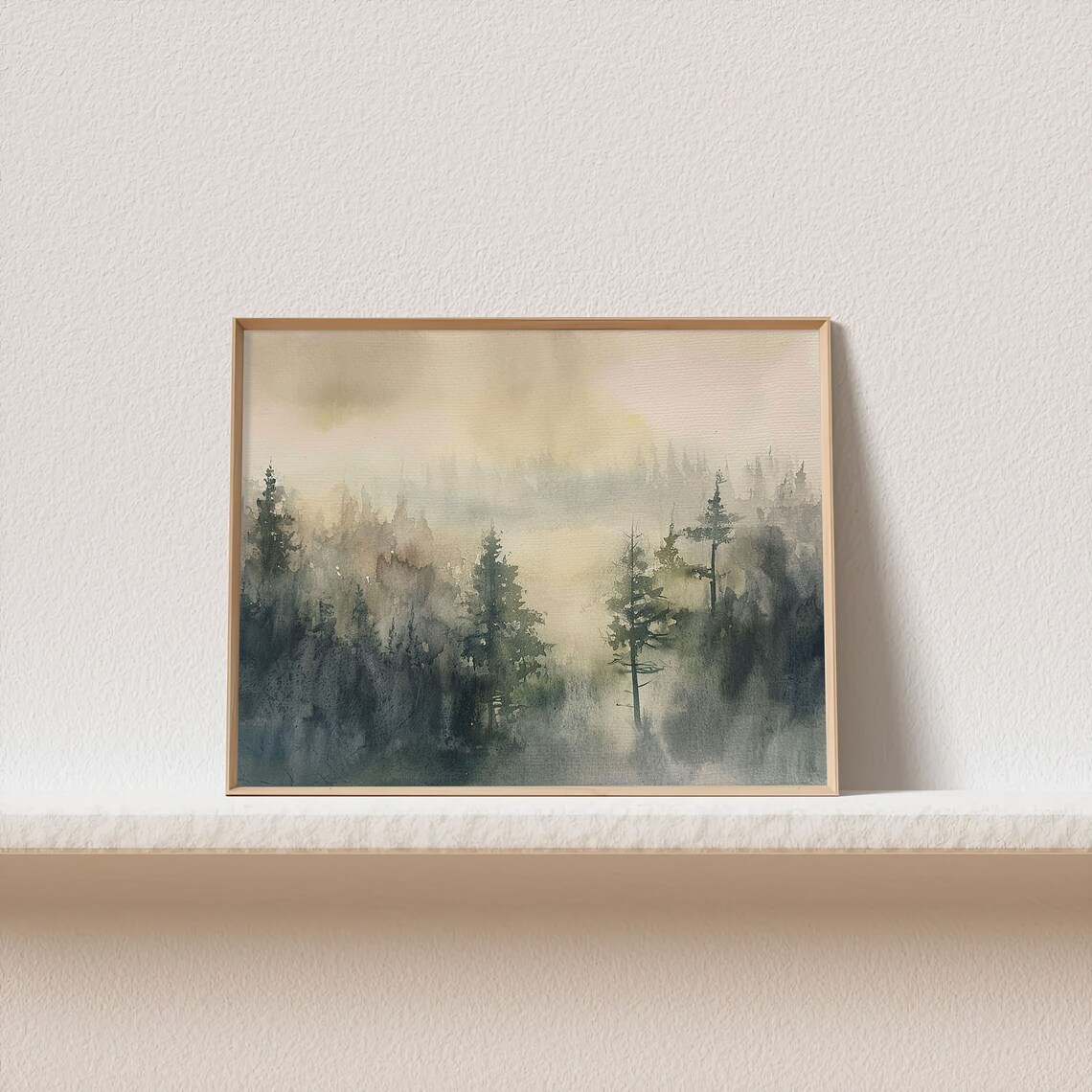 Misty Evergreen Forest in Fog Watercolor Woodland Nature Poster - Image 2