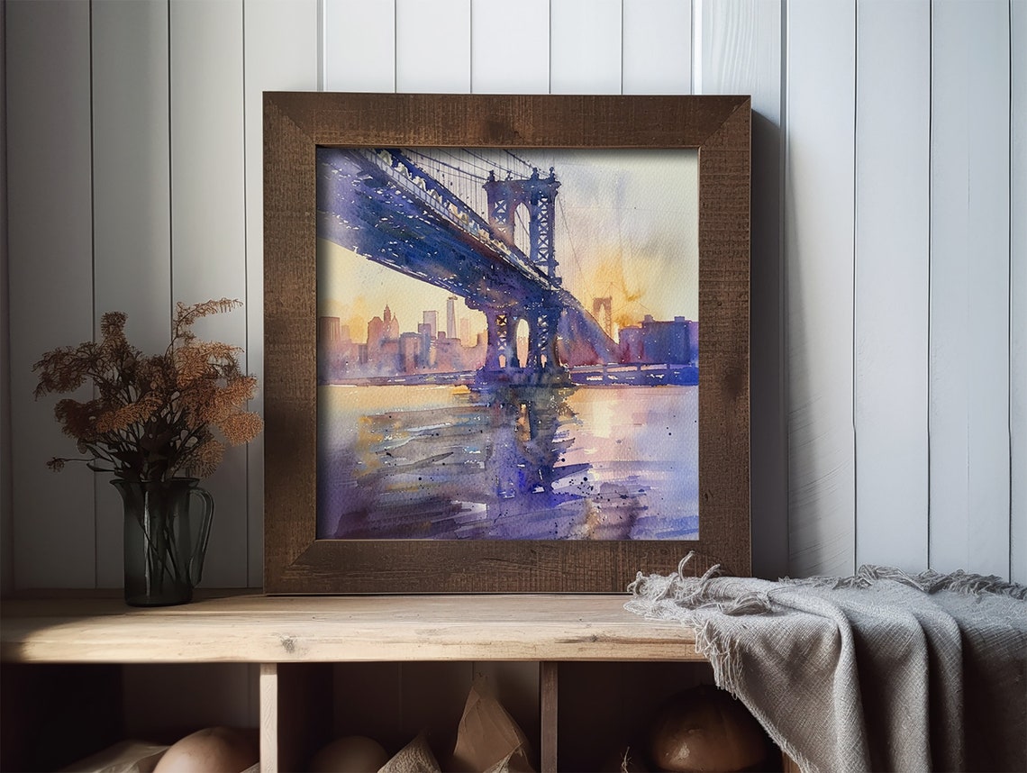 Manhattan Bridge Painting Nyc Watercolor Art Print New York Skyline Art Sunset Wall Art Ny Travel Poster Housewarming Gifts - Image 3