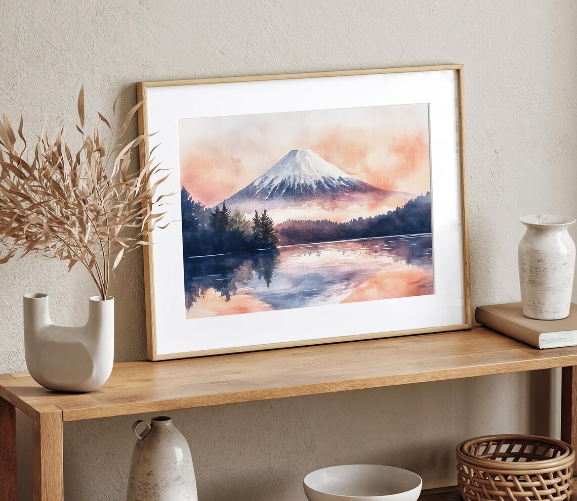 Mount Fuji Watercolor Art Print, Japan Sunrise - Image 2