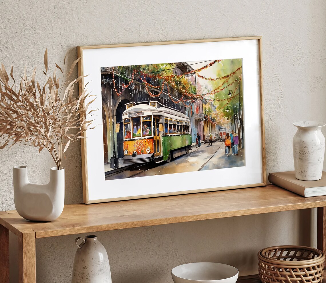New Orleans Watercolor Streetcar Mardi Gras Art Print - Image 3
