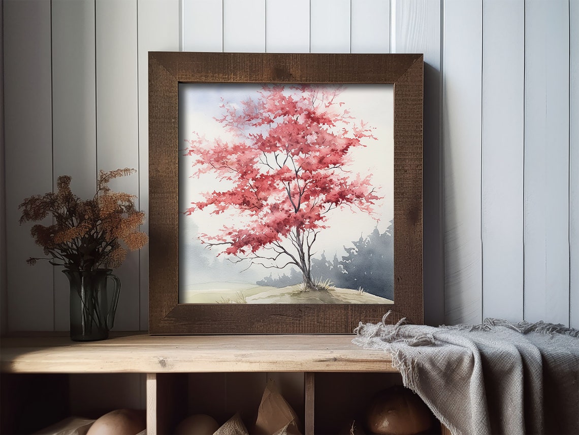Pink Blossom Tree Lone Hill Misty Bloom Watercolor Spring Poster - Image 2