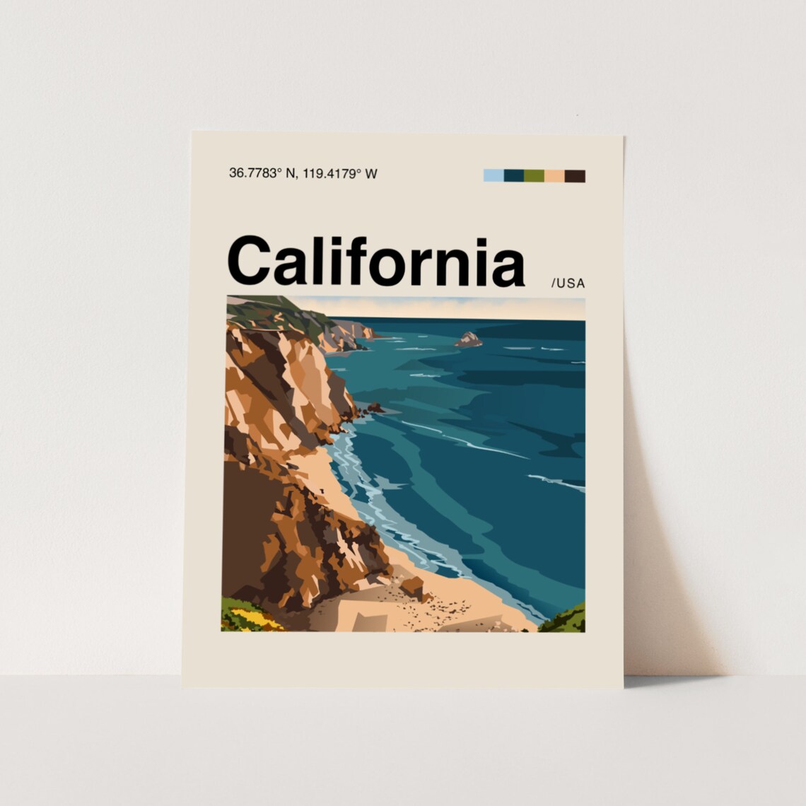 California USA Coastal Cliffs Helvetica Minimalist Travel Poster