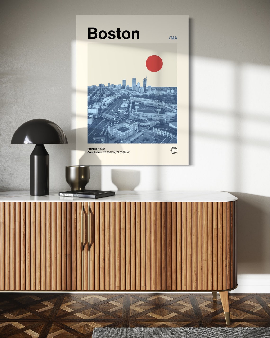 Boston Massachusetts Skyline Monochrome Blue Aerial Mid Century Poster - Image 3
