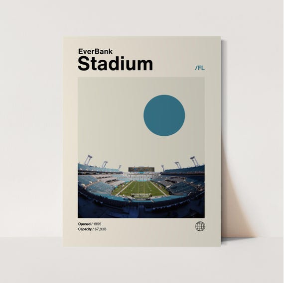 Everbank Stadium Poster Jaguars Poster Minimalist Helvetica Mid Century Modern Football Art Football Stadium Poster Jaguar Art