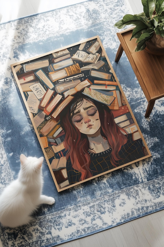 Cozy Bookish Girl Asleep Under Books Poster Reading Nook Decor