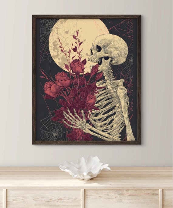 Gothic Skeleton Line Art Dark Halloween Wall Print