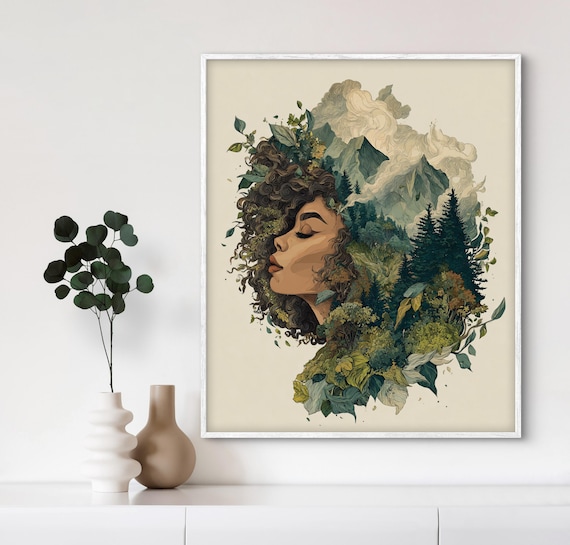 Woman's Profile Merging With Mountain Forest Nature Portrait Poster