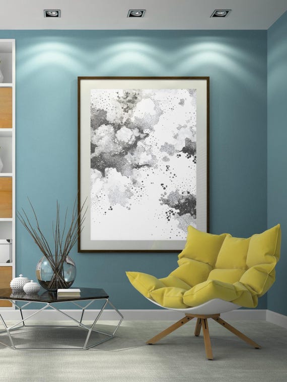 Chaotic Dot Clouds Abstract Print Minimal Black White Wall Art