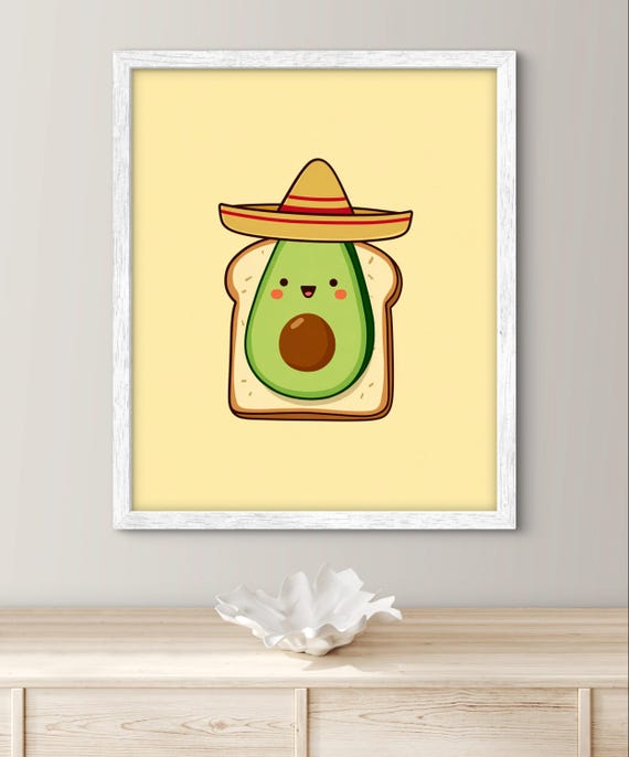 Cheerful Avocado Kawaii Illustration Cute Kitchen Wall Art