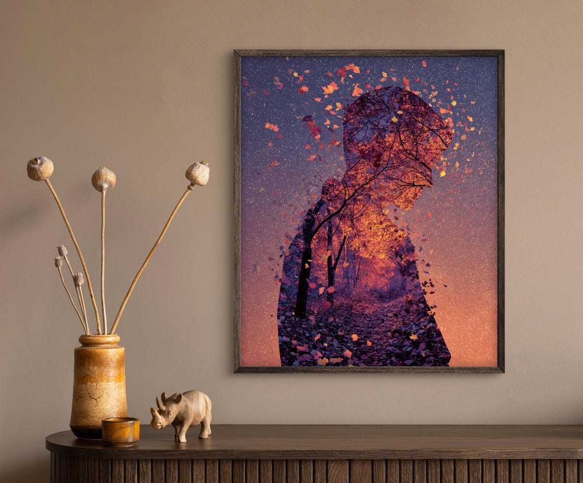Surreal Autumn Forest Man Silhouette Double Exposure Art Poster